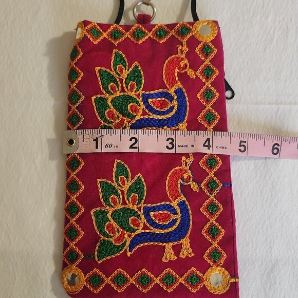 Women's Multi-Color Embroidered Peacock Small Zip Pocket Crossbody Bag Boho Cell - Picture 7 of 10